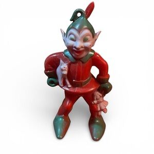 VTG 1940’S ROSBRO PLASTIC RED & GREEN PIXIE ELF ORNAMENT